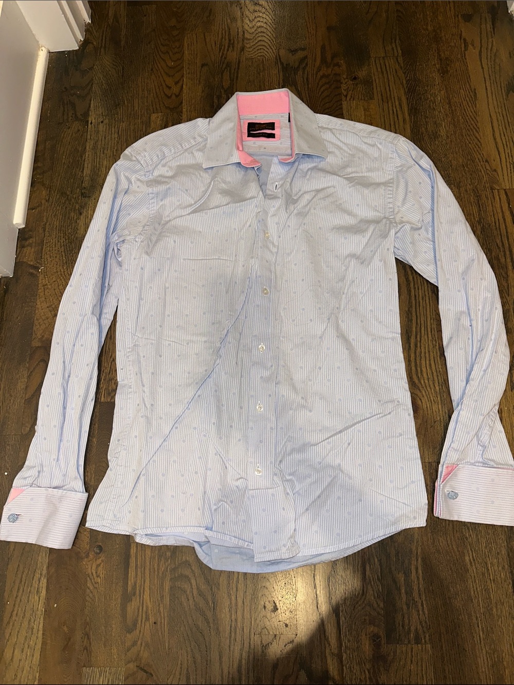 Men's Steven Land Dress Shirt w/Light Blue Stripes and Polka Dots & Pink Trim